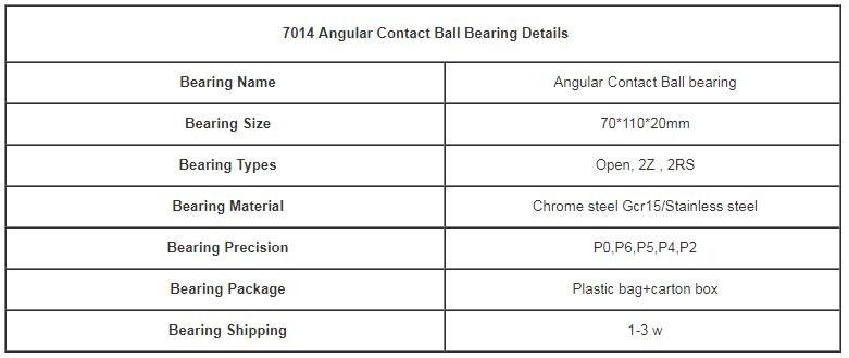 단 하나 줄 각 접촉 볼베어링 7014 크기 70*110*20mm P4/P6/P2